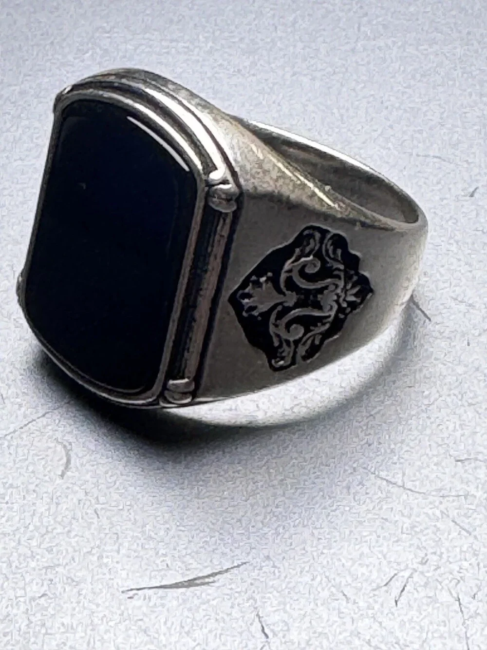 Vintage 1980s Sterling Silver Black Onyx Men's Ring Size 12 Heraldic Engraving